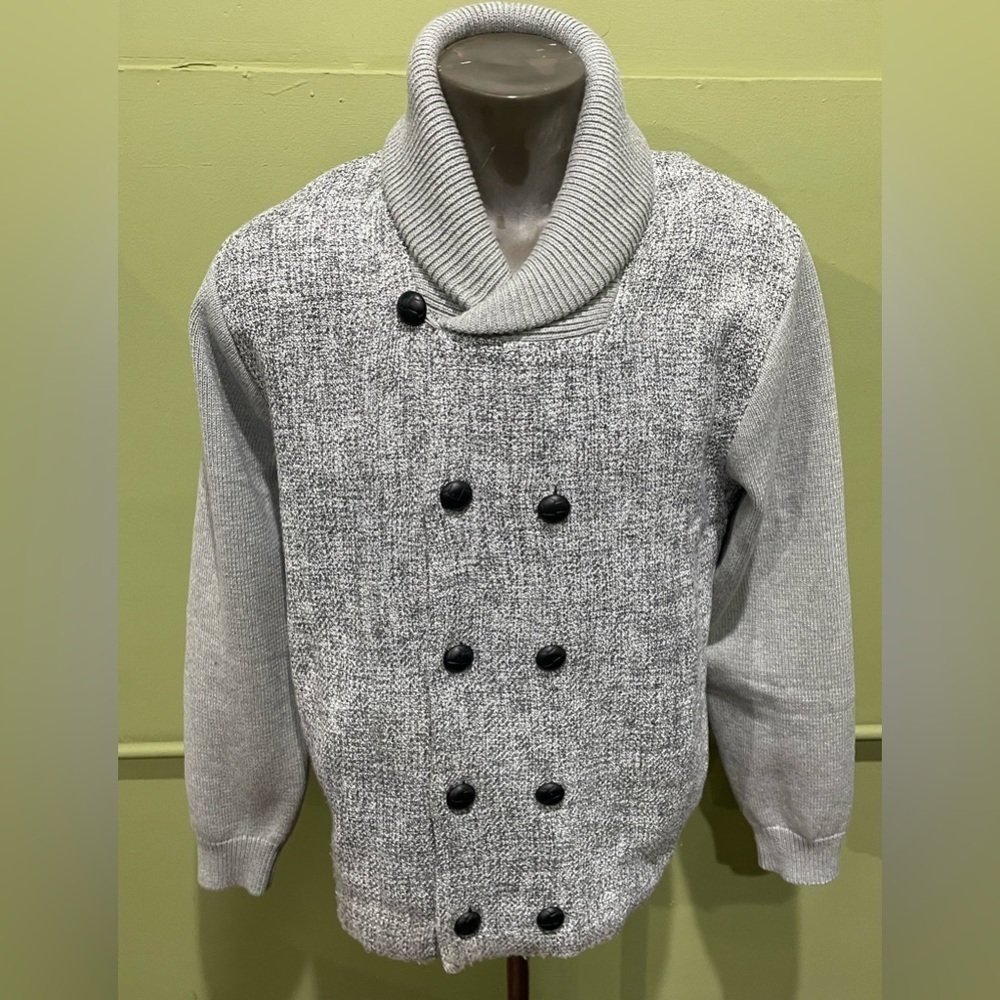 Lavane sweater gray double breasted Shaw neck elbow patch